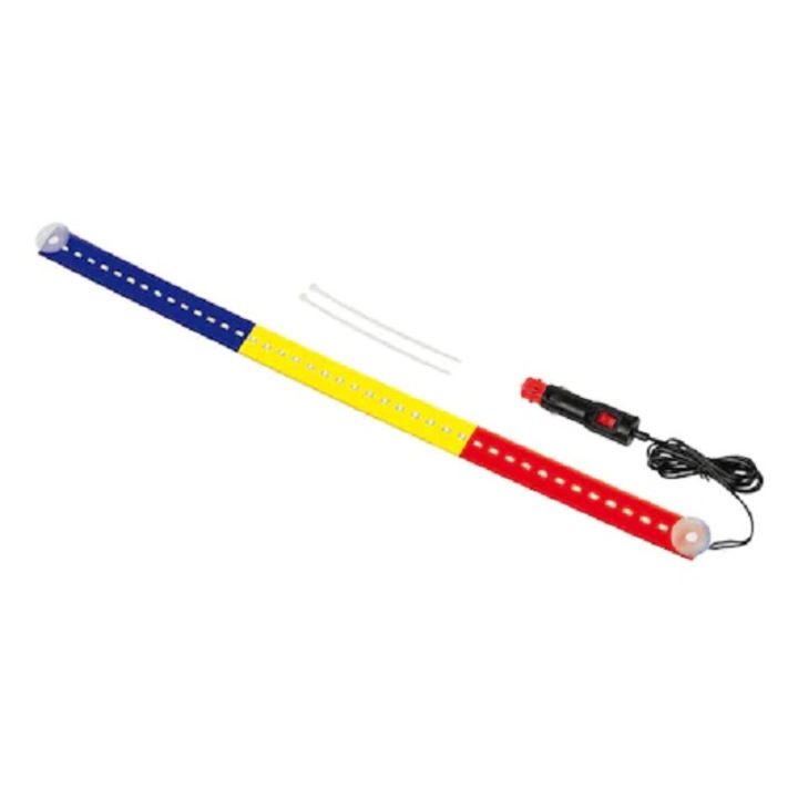 Bara LED luminoasa, 90 cm, cu 69 LED-uri, 12V - 24V, in culorile albastru-galben-rosu, cu drapelul Romaniei (RO)