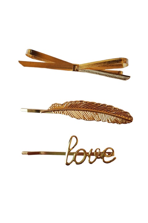 3 db-os hajcsat készlet, masni, toll, szerelem, 6 cm, arany, 33 BJ,