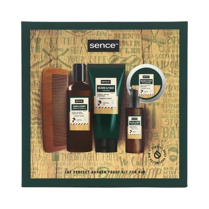 Set ingrijire barba si par, Sence Caseta 5 piese Men Warm Wishes, Pieptene, Sampon, Balsam, Ulei, Ceara