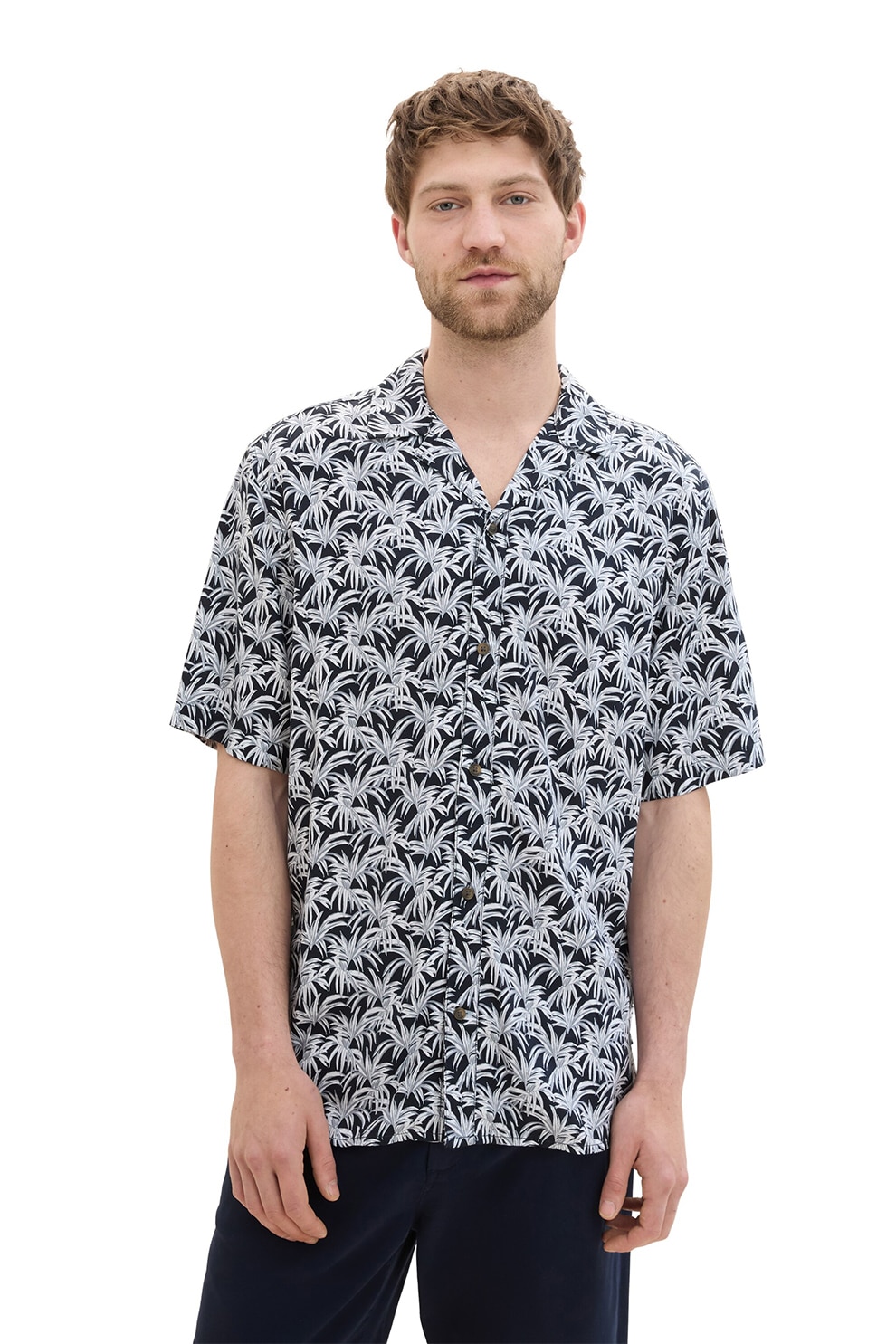 Tom Tailor, Camasa cu imprimeu tropical, Alb, Bleumarin, L