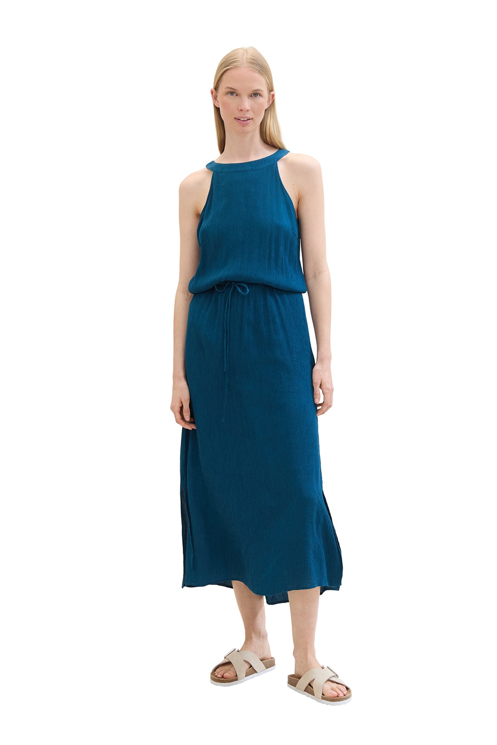 Tom Tailor, Rochie midi fara maneci si cordon ingust in talie, Albastru petrol, 38