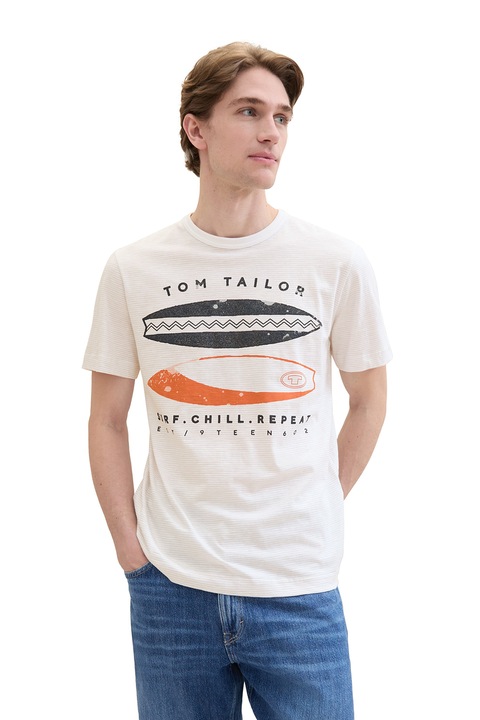 Tom Tailor, Тениска с лого, Избеляло черно/Мандарина/Мръснобял