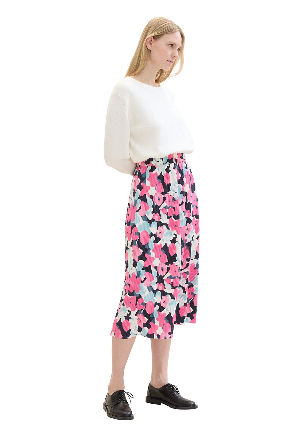 Tom Tailor, Fusta cu imprimeu floral si striatii, Alb fildes, Fucsia, Albastru, 38