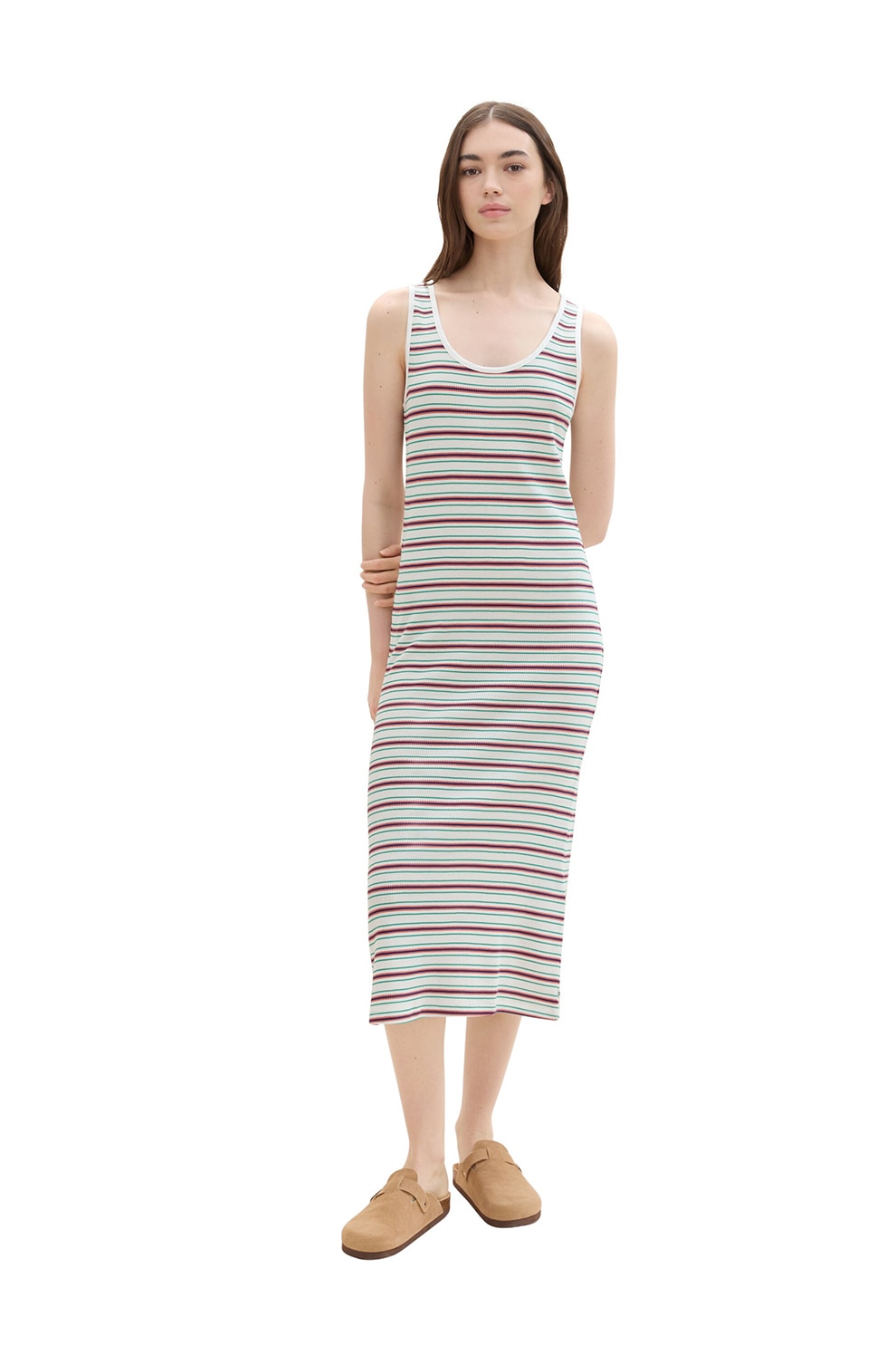 Tom Tailor, Rochie maxi in dungi, Verde, Alb, Rosu stins, M