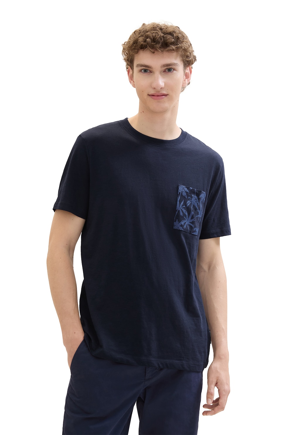 Tom Tailor, Tricou cu decolteu la baza gatului si buzunar aplicat pe piept, Bleumarin, M