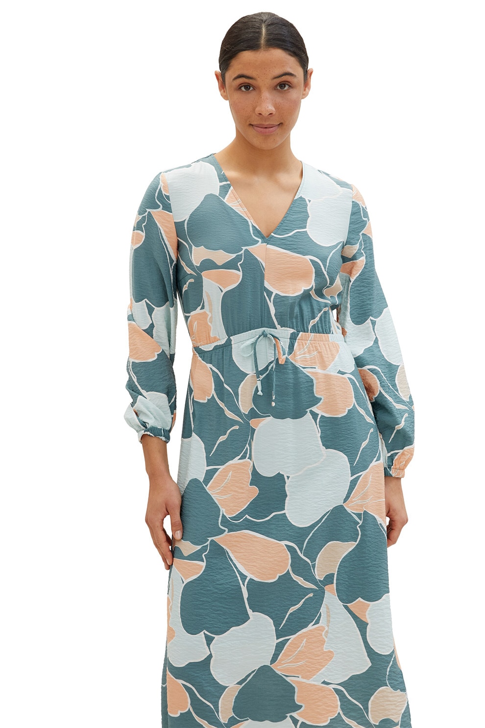 Tom Tailor, Rochie midi cu decolteu in V si cordon, Portocaliu pal, Albastru, 38