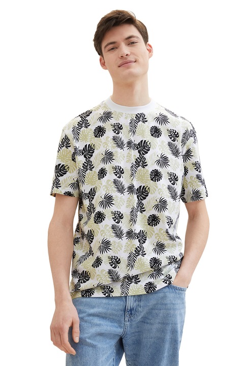 Tom Tailor, Тениска от памук с тропическа шарка, Бял/Бежов/Черен