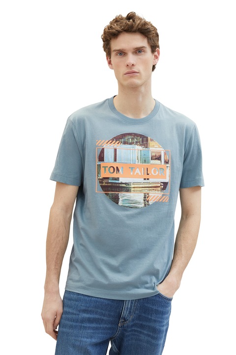 Tom Tailor, Памучна тениска с фото щампа, Прашно синьо