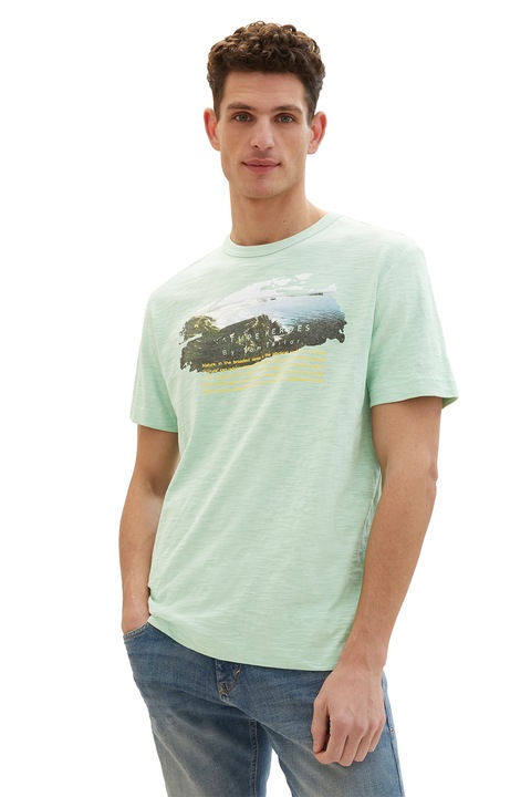 Tom Tailor, Тениска с овално деколте и фото щампа, Бледозелен