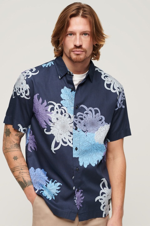 Superdry & Co, Camasa din amestec de modal cu imprimeu, Alb/Bleumarin