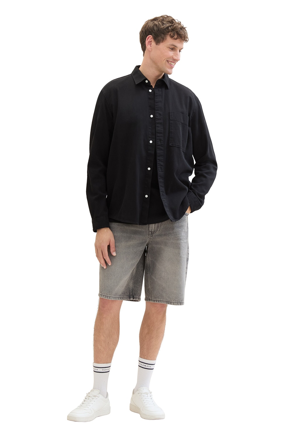 Tom Tailor, Bermude relaxed fit din denim cu aspect decolorat, Gri inchis, S