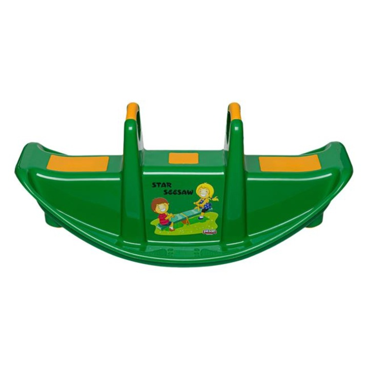 Balansoar pentru copii verde-galben, din plastic, cu 3 locuri, cu manere, 109x60.5x56cm