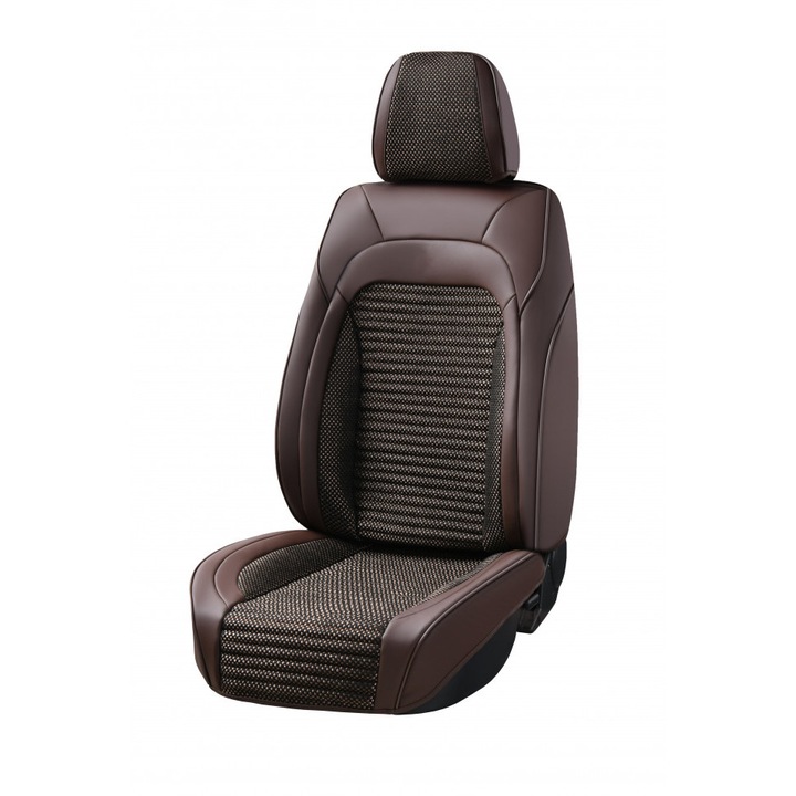 Set huse scaune auto universale, piele ecologica maro cu material textil maro, fata-spate, 12 piese