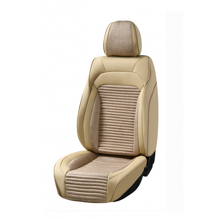 Set huse scaune auto universale, piele ecologica bej cu material textil bej, fata-spate, 12 piese