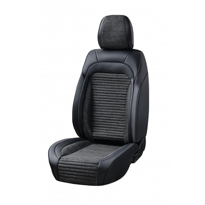 Set huse scaune auto universale fata-spate, piele ecologica neagra cu material textil negru, 12 piese