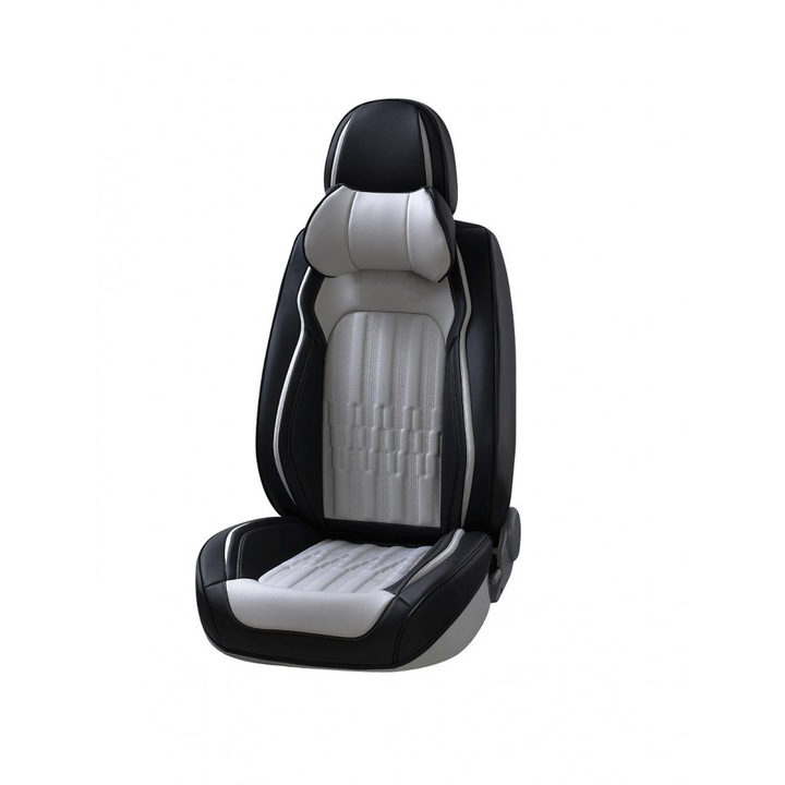 Комплект универсални калъфи за автомобилни седалки, сива и черна екологична кожа, предна и задна част, 12 бр.