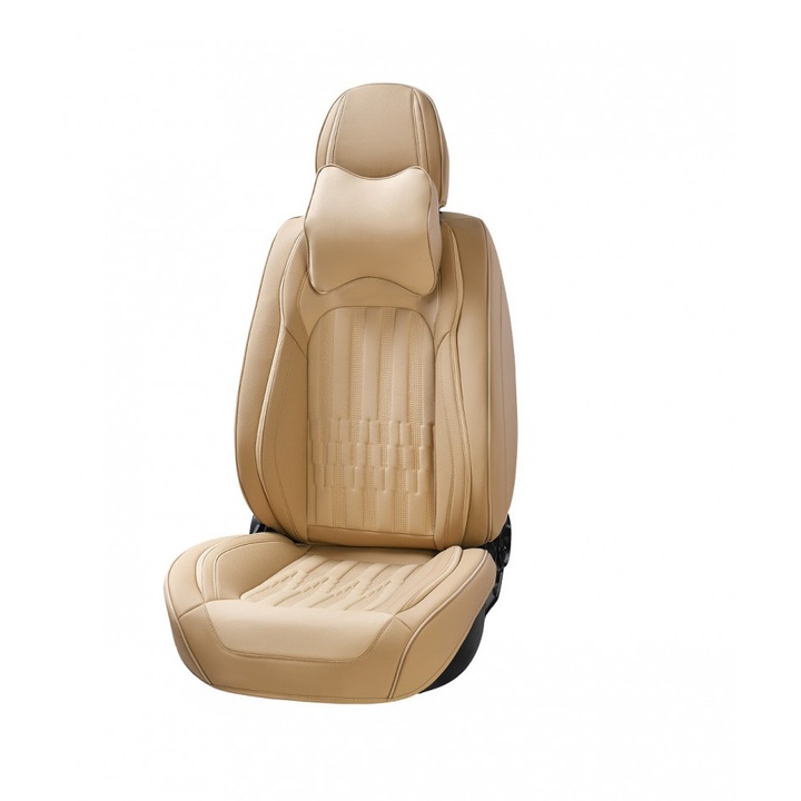 Комплект универсални калъфи за автомобилни седалки кремава екологична кожа, Предни/Задни, 12 броя