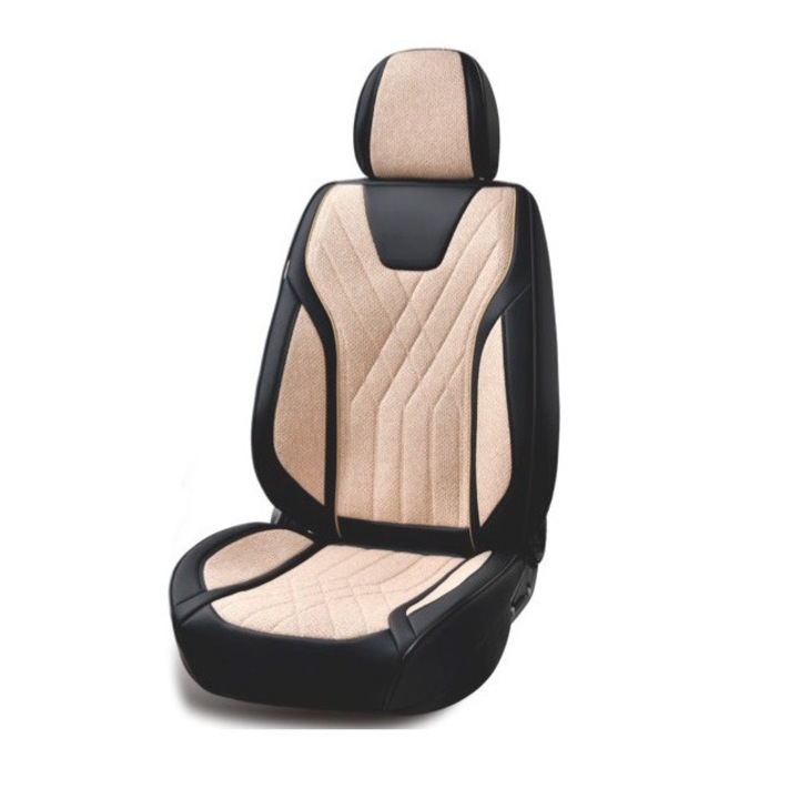 Set huse scaune auto universale, piele ecologica neagra cu material textil crem, fata-spate, 12 piese