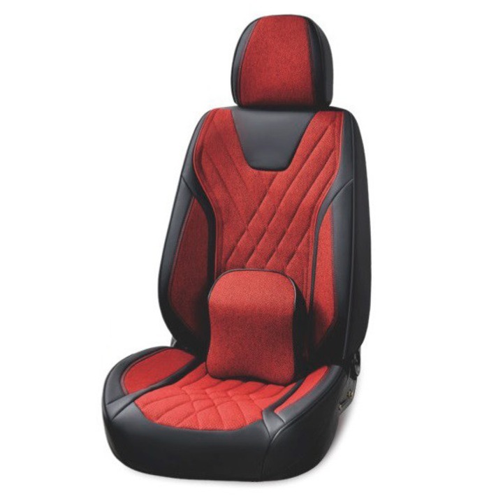 Комплект универсални калъфи за автомобилни седалки, черна екологична кожа с червен плат, предно-задно, 12 бр.