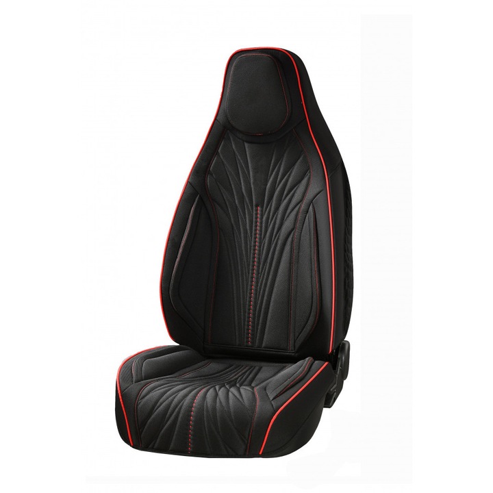 Комплект универсални калъфи за автомобилни седалки, черен плат с червена ивица, с вградена облегалка за глава, отпред и отзад, 12 части