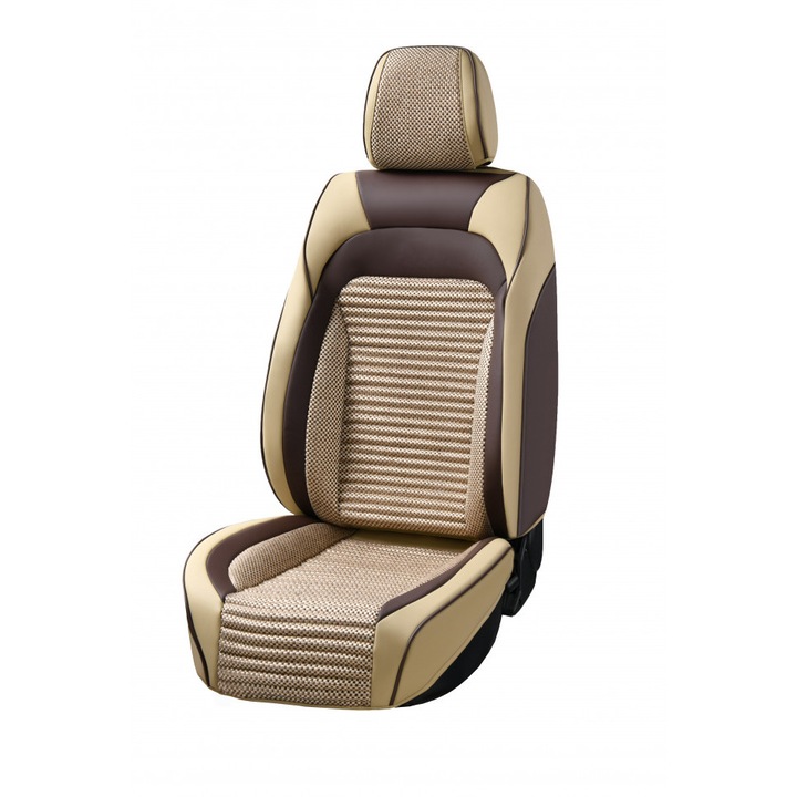 Комплект универсални калъфи за автомобилни седалки, бежова екологична кожа с кафяв дамаска, отпред и отзад, 12 бр.