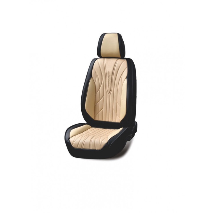 Комплект универсални калъфи за автомобилни седалки предно-задно екологична кожа черна с кремаво 12 броя