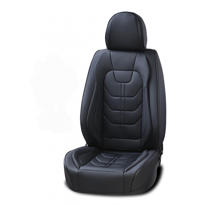 Set huse scaune auto universale, piele ecologica negra cu piele ecologica perforata neagra, fata-spate, 12 piese