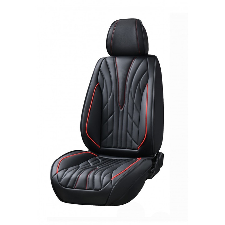 Комплект универсални калъфи за автомобилни седалки отпред и отзад черна екологична кожа с червени шевове 12 бр.