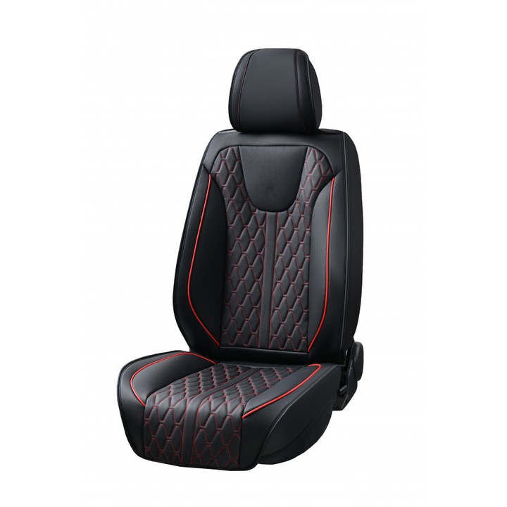 Комплект универсални калъфи за автомобилни седалки черна екологична кожа с червени шевове предно-задно 12 бр.