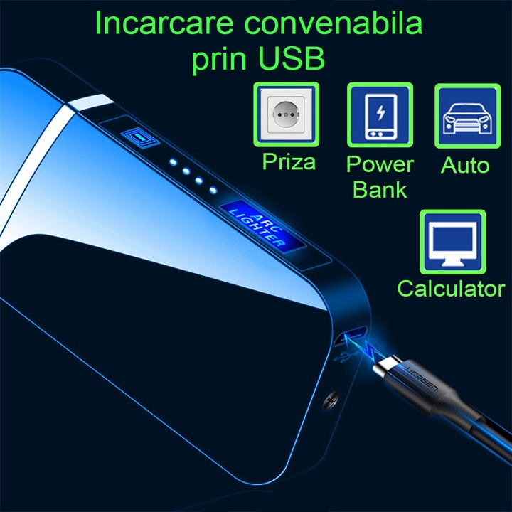 Bricheta electrica, reincarcabila, cu cablu USB, fara gaz, senzor de amprenta, dublu arc electric, afisaj LED nivel baterie, antivant, incandescenta, usoara si portabila, cutie cadou, Albastru, OptimStar®