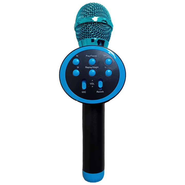 Microfon wireless pentru karaoke, NEXTLY, boxa bluetooth incorporata, efecte de schimbare a vocii, redare muzica, usb, card sd, mufa jack 3.5mm, incarcare micro-usb, negru-albastru, v11