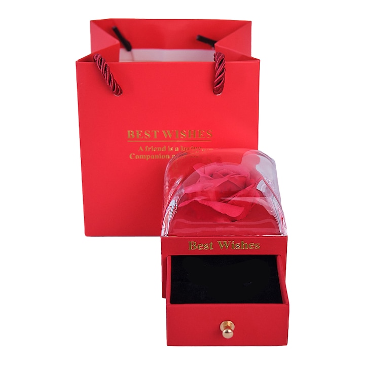Елегантна кутия с чекмедже, за подарък, стилизирана със сапунена роза в купола и подходяща торбичка, Червена, 7х7 см, КАДИФЕ