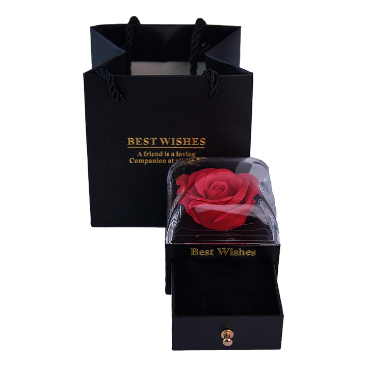 Елегантна подаръчна кутия с чекмедже, стилизирана със сапунена роза в купол и подходяща торбичка, черна, 7x7 см, КАДИФЕ