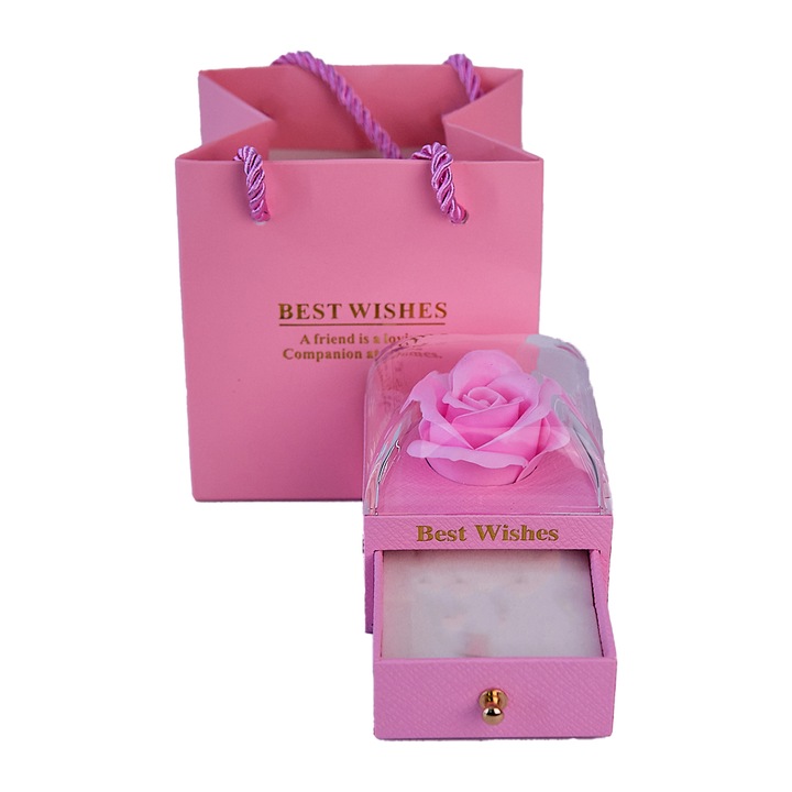 Елегантна кутия с чекмедже, за подарък, стилизирана със сапунена роза в купол и подходяща торбичка, Розова, 7x7 см, Кадифе