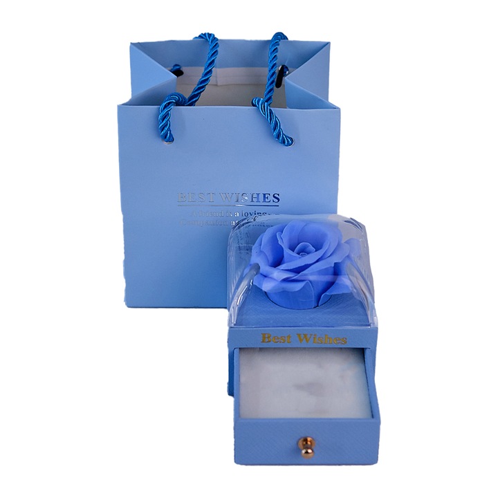Елегантна подаръчна кутия с чекмедже, стилизирана със сапунена роза в купол и подходяща торбичка, синя, 7x7 см, Кадифе