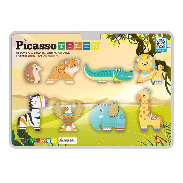Set 8 accesorii magnetice PicassoTiles, animale din safari, compatibile cu piesele magnetice de constructie