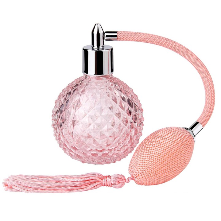 Sticla Parfum, Zamo®, Pink Pump, cu Pulverizator Infiletabil si Capac, Capacitate 90ml, Model Vintage, Roz