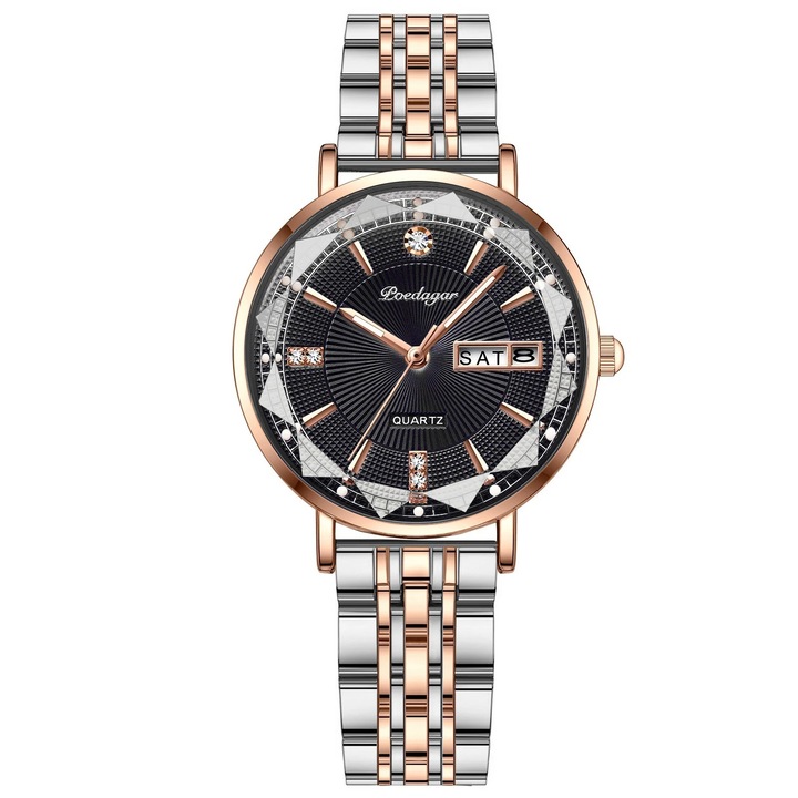 Ceas dama Delis, Poedagar CS1372, otel inoxidabil, argintiu-rose gold, cadran negru