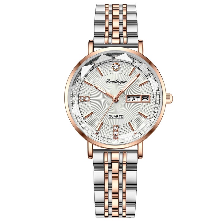Ceas dama Delis, Poedagar CS1373, otel inoxidabil, argintiu-rose gold, cadran alb