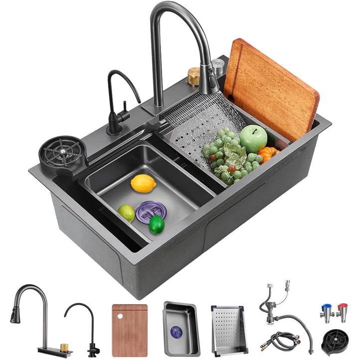Chiuveta multifunctionala de bucatarie, cascada, dus extractabil cu 3 functii plus tip fanta si accesorii incluse, 680x450 mm