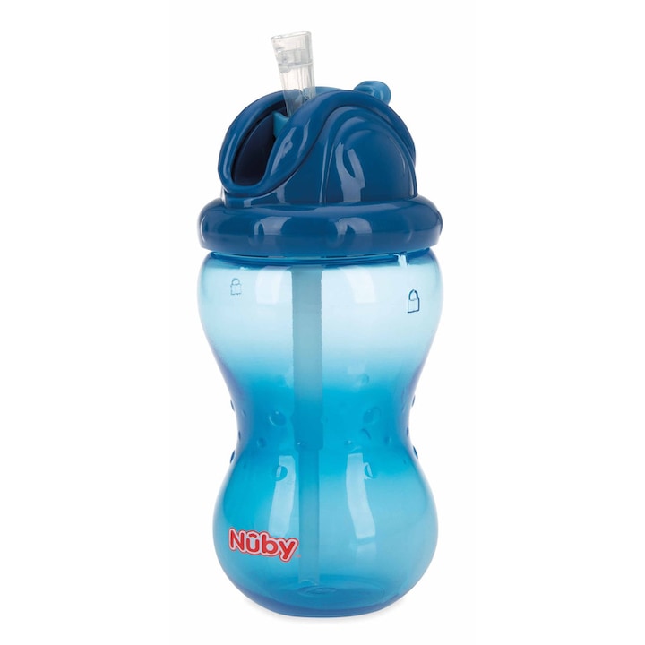 Чаша Nuby, с противоплъзгаща сламка, с плътно затваряне, Пластмаса, 360 мл, 12+ месеца, Тъмносиня