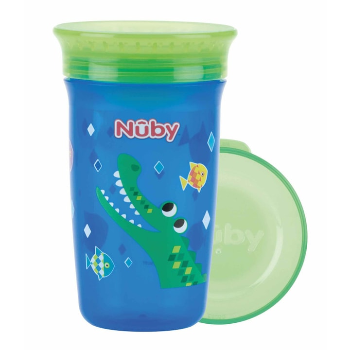 Чаша Nuby, магическа, 360 градуса, Със силиконова клапа, С капак, 300 мл, 6+ месеца, Синя/Зелена