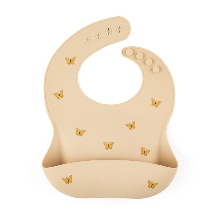 Puha előke Petite&Mars, Take&Match, Állítható, Gyűjtőzsebbel, Szilikon, BPA mentes, 6 hónap+, Pillangó mintás, Bézs