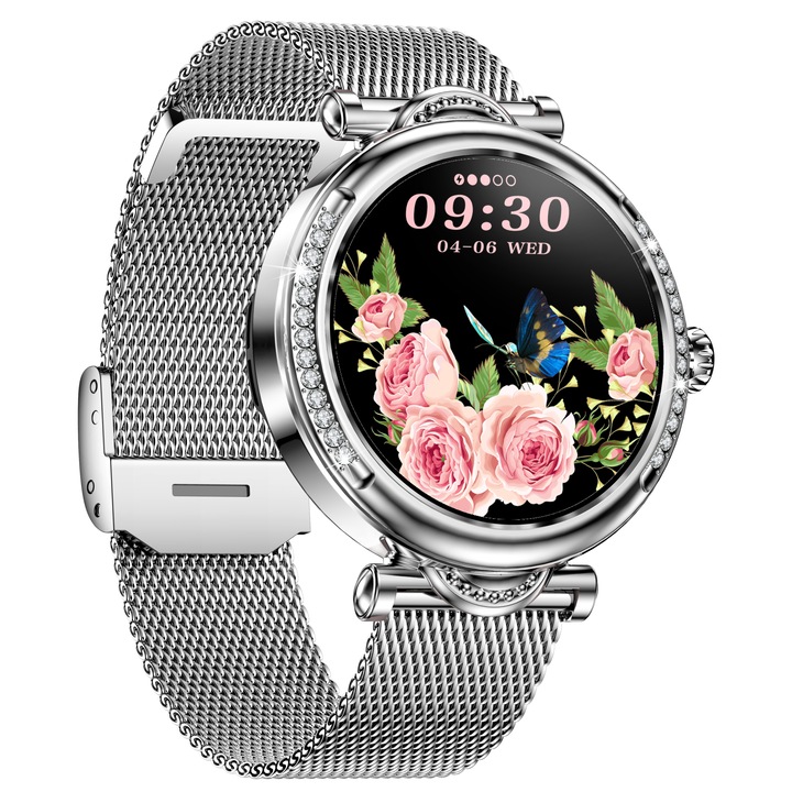 Часовник Smartwach idealSTORE LuxStyle®, Bluetooth повикване, HD гласов звук, Телефонен указател, HD екран 1.27", Следене на кислород, Кръвно налягане, Пулс, Сън, Мулти-спортен режим, Персонализиран циферблат, Водоустойчив IP67, Сребриста метална гривна