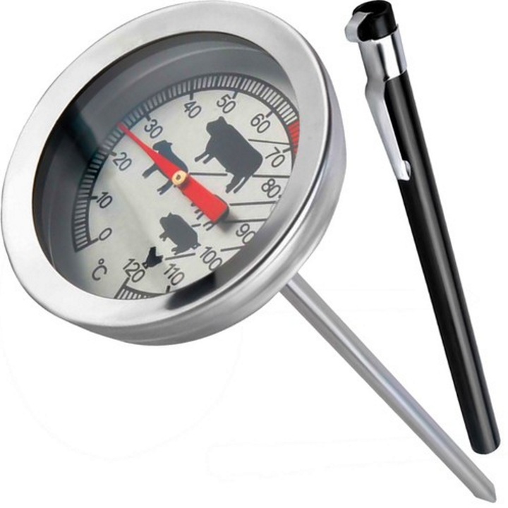 IdealSTORE Food Fém hőmérő húshoz, Méretek 11x5, 2 cm, Analóg, Fém rudat tartalmaz a behelyezéshez, Higanymentes, Hőmérséklet 0-120°C, Rozsdamentes acél, Tartalmaz egy fedelet a szonda elrejtéséhez