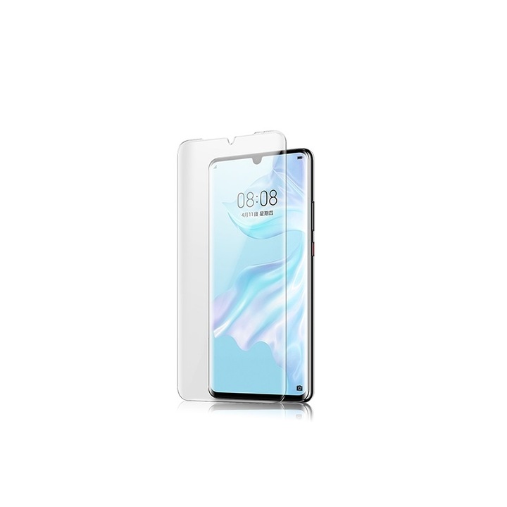 Huawei Mate 20 kompatibilis védőfólia, rögzített üveg, rögzítőkészlettel és UV lámpával, átlátszó