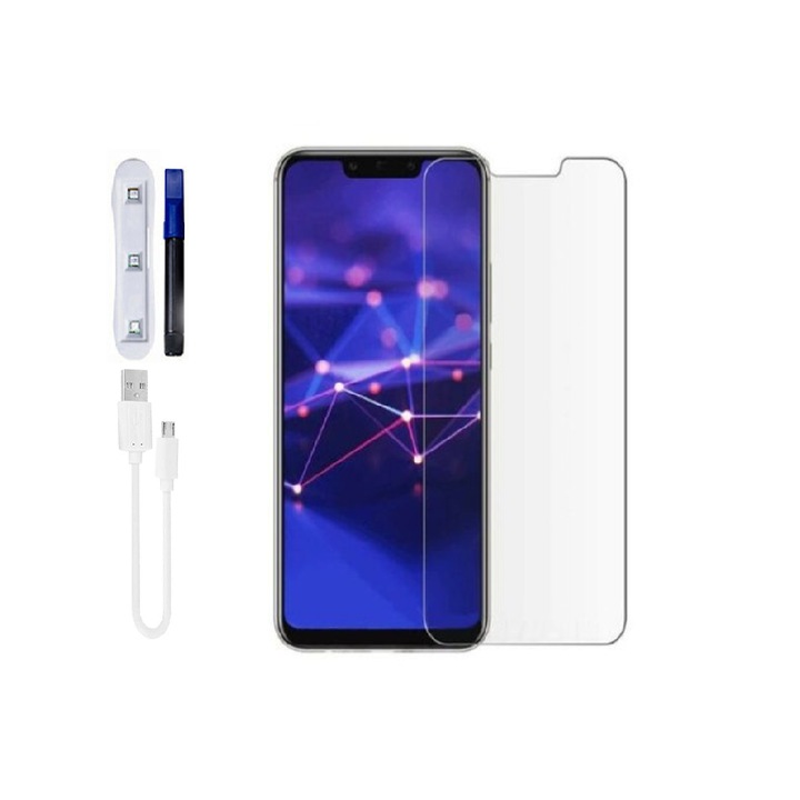Huawei Mate 20 Lite kompatibilis védőfólia, rögzített üveg, rögzítőkészlettel és UV lámpával, átlátszó