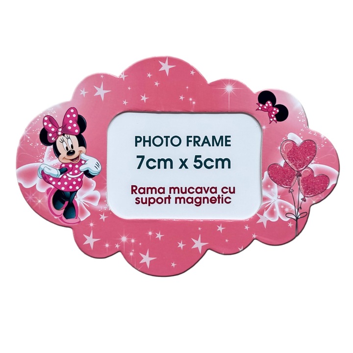 Marturie botez Minnie Mouse, rama foto cu suport magnetic, dimensiune 13.5 x 9.5cm, mucava