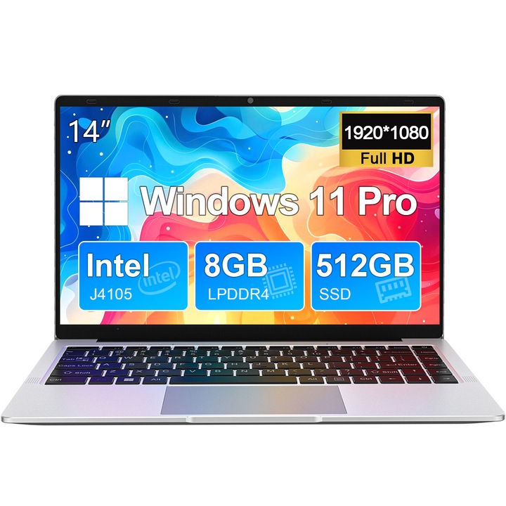 Laptop 14" cu procesor Intel® Celeron® J4105, Windows 11 Pro, 8GB RAM, 512GB SSD, 1920*1080 Full HD, Intel® UHD Graphics 600, Argintiu