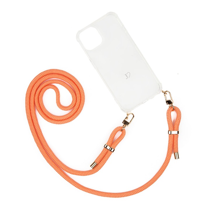 Husa telefon cu lant, Jlove, Compatibil cu iPhone 13 Mini, Transparent/Portocaliu